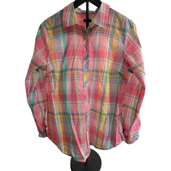 Talbots EUC Multicolored Spring Plaid Cotton Button-Up Shirt long sleeve Size M - Picture 2 of 8